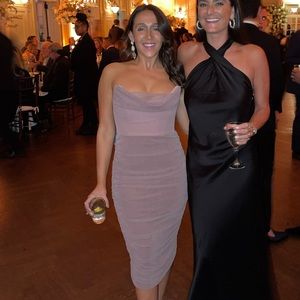 Michael Costello x Revolve strapless wedding guest dress.